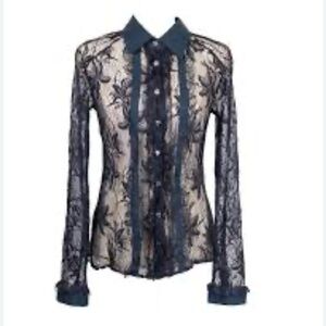 Mod cloth-Grey lace sheer Victorian Gothic blouse-grey pearl buttons EUC Sz S 🩶‌